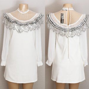 NEW White Victorian Style Ruffle Sheer Lace Yoke Long Sleeve Mini Shift Dress
